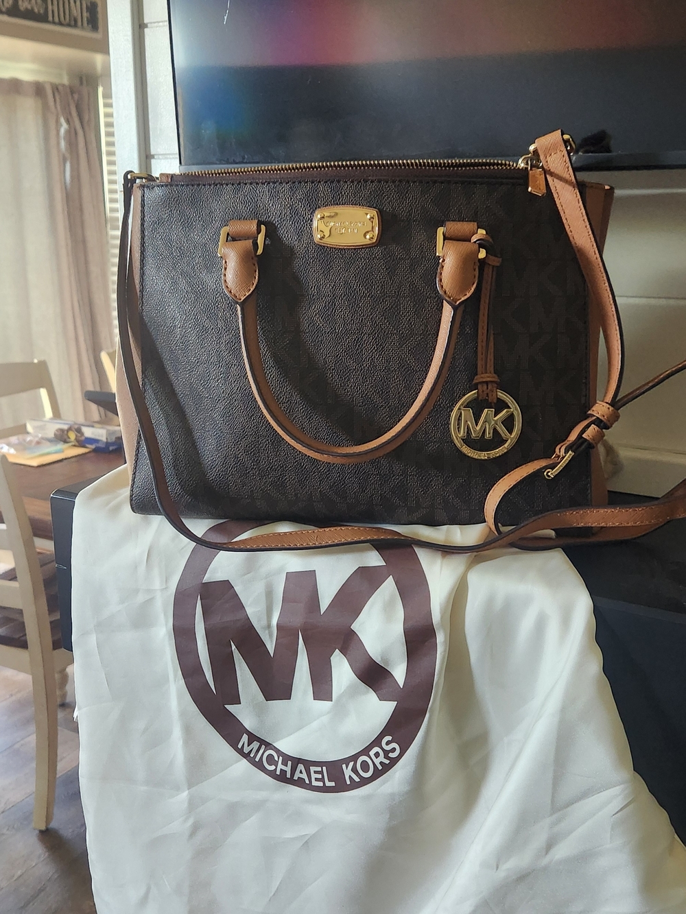 Michael Kors Dark Brown Logo Satchel with Tan Trim and Gold Hardware